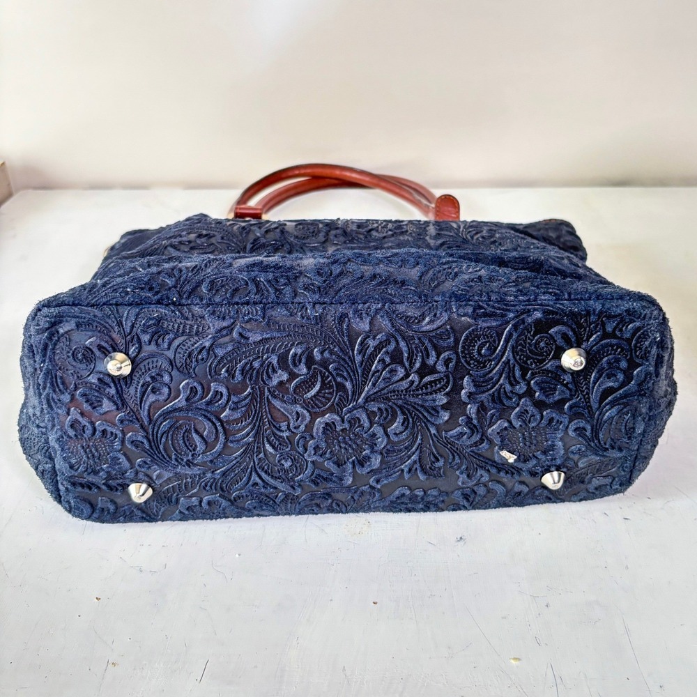 Borse in Pelle Navy Floral Embossed Suede Leather Tote Bag Made in Italy - Picture 7 of 12